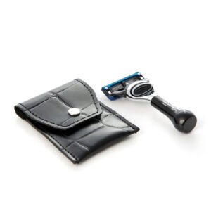 Taylor Mini Black Travel Fusion Razor in Leather Pouch – Mock Croc Black
